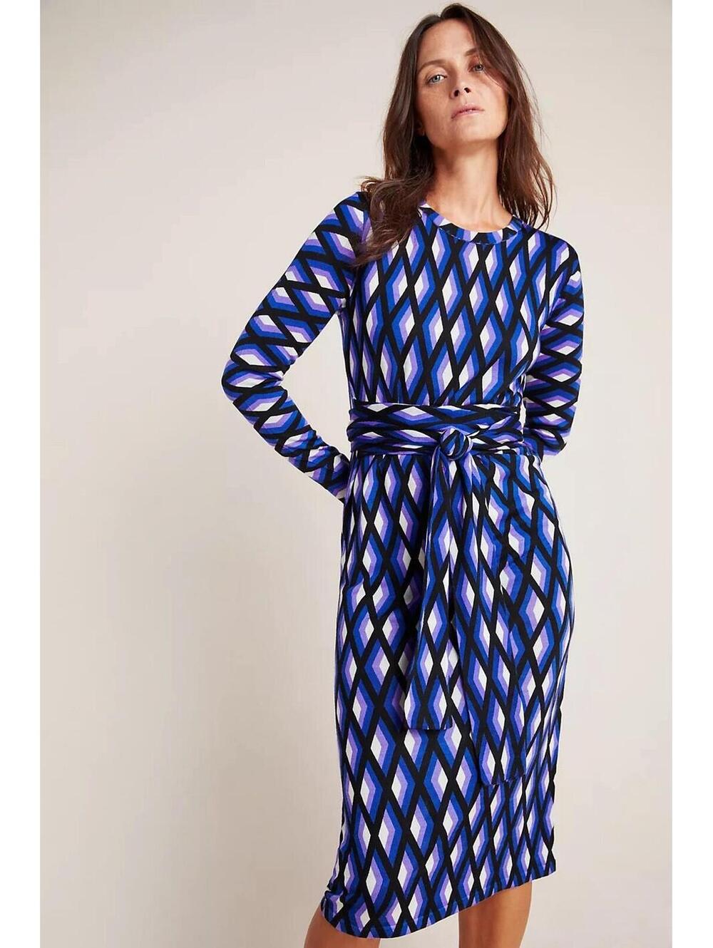 Diane von Furstenberg Wool Midi Dress 100% Merino Wool Geometric Preppy Sz S
